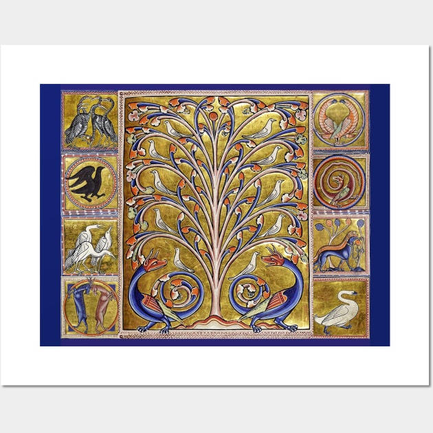 MEDIEVAL BESTIARY,TREE OF LIFE ,BIRDS,DRAGONS FANTASTIC ANIMALS IN GOLD RED BLUE COLORS Wall Art by BulganLumini